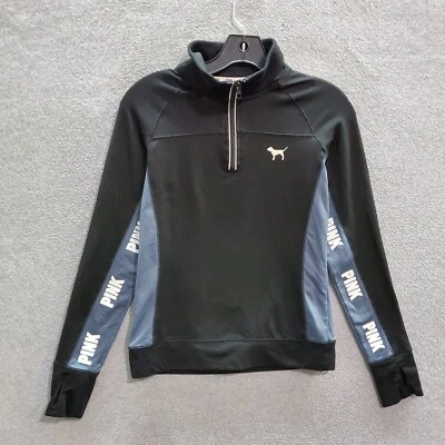 Pink Victorias Secret Women Sweatshirt XS Black Ultimate Logo 1/4 Zip - Image 1 of 4