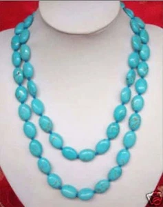 Collane lunghe 35" 13x18MM tacchino blu naturale turchese pietre preziose ovali - Foto 1 di 6
