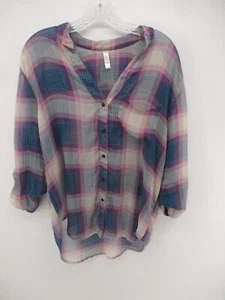 Xhilaration Medium 3/4 Sleeve V Neck Button Up Plaid Shirt - Picture 1 of 10