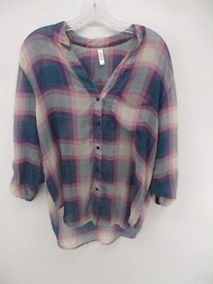 Xhilaration Medium 3/4 Sleeve V Neck Button Up Plaid Shirt - Image 1 of 4