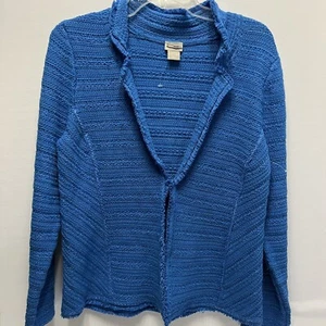 New! Chico's SZ1 (US MED) Ocean Blue Woven Jacket Princess Seams Unlined Fringe - Picture 1 of 12