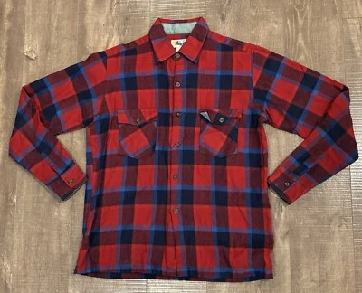 Mustang vintage red, Blue plaid 100% wool flannel button down shirt Medium E1 - Image 1 of 4