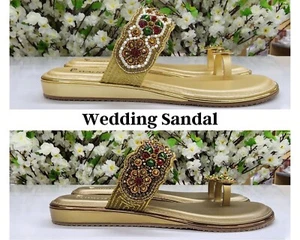 Women's Sandals Low Heels Indian Bridal Shoes Handmade Pearls Decorative Flat - Picture 1 of 11