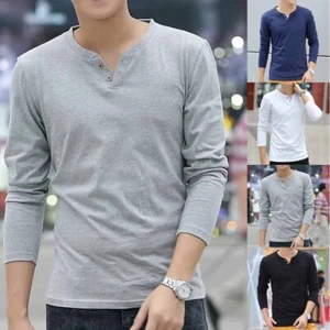 Men Pullover Slim Soft T-shirts Bottoming Shirt Breathable Button Mens - Picture 1 of 15