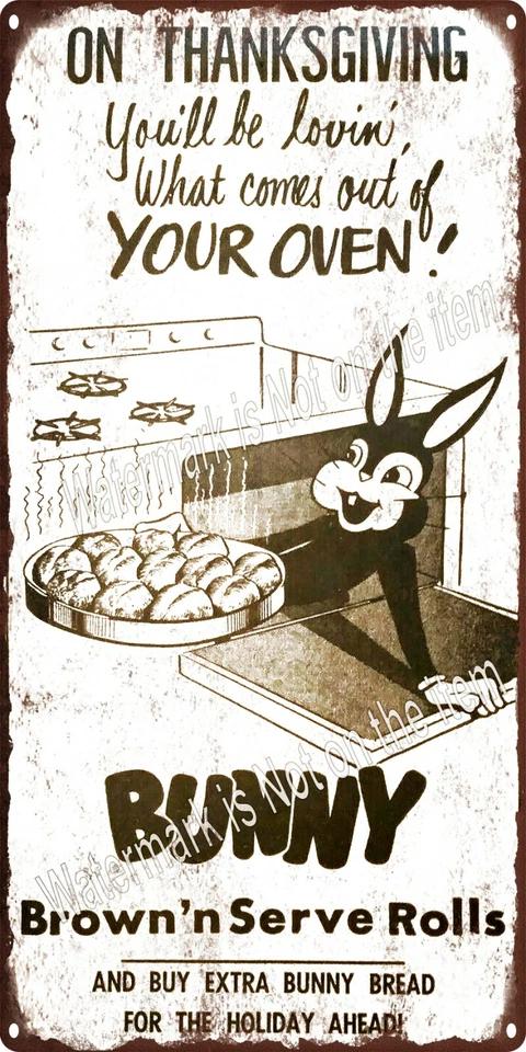 1957 Bunny White Bread Thanksgiving Brown Serve Rolls Ad Metal Sign 6x12" A501 - Image 1 of 1