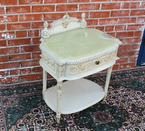 French Antique Painted Antique White Louis XVI Nightstand ~ Onyx Marble Top ~ Cover