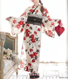 Japanischer Sommer Kimono Yukata Morgenmantel Retro Rot Kamelienmuster Obi Set Damen - Bild 1 von 11