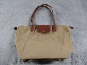 Longchamp Le Pliage Tote Bag Medium Beige Nylon Brown Leather Trim Foldable GUC - Picture 1 of 15