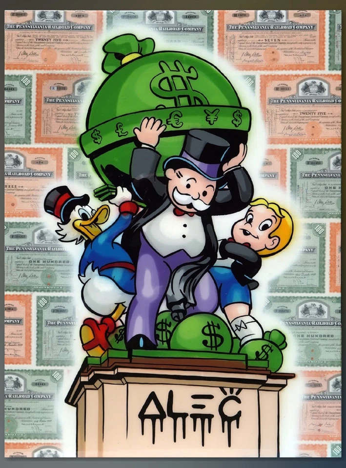 Alec Monopoly Atlas Monopoly And $ Team Carrying Big $ BagPrint On Canvas 24x36” - Image 1 of 1