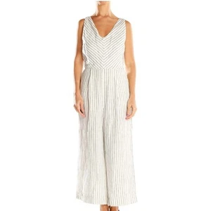 Rachel Zoe Linen White Striped V-Neck Wide-Leg Jumpsuit - Size 4 - Picture 1 of 7