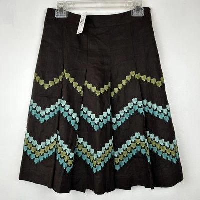 Ann Taylor Loft Skirt Women 4 Brown Linen Embroidered Short A Line Lined Career - Image 1 of 4