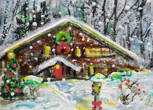 ACEO Original PINTURA Invierno CASA DE NAVIDAD Cabaña Árboles Nieve Vacaciones Paisaje ARTE Foto 1 de 1