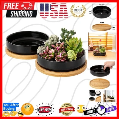 Paquete de 2 macetas suculentas de cerámica negra con bandejas de bambú - decoración versátil Foto 1 de 4