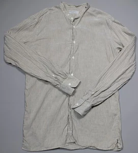 Ermenegildo Zegna Shirt Mens Large Beige White Striped Linen Cotton Long Sleeve - Picture 1 of 8