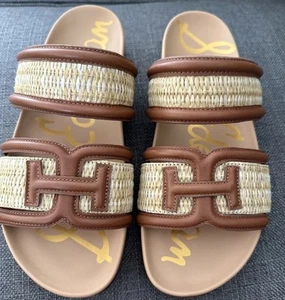 Sam Edelman Rowan Slide Womens 7.5 Footbed Sandal Dark Natural Weave/Rich Cognac - Picture 1 of 7