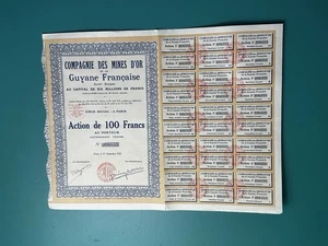 Compagnie Des Mines D'Or De La Guyane Française 100F 1912 - Picture 1 of 1