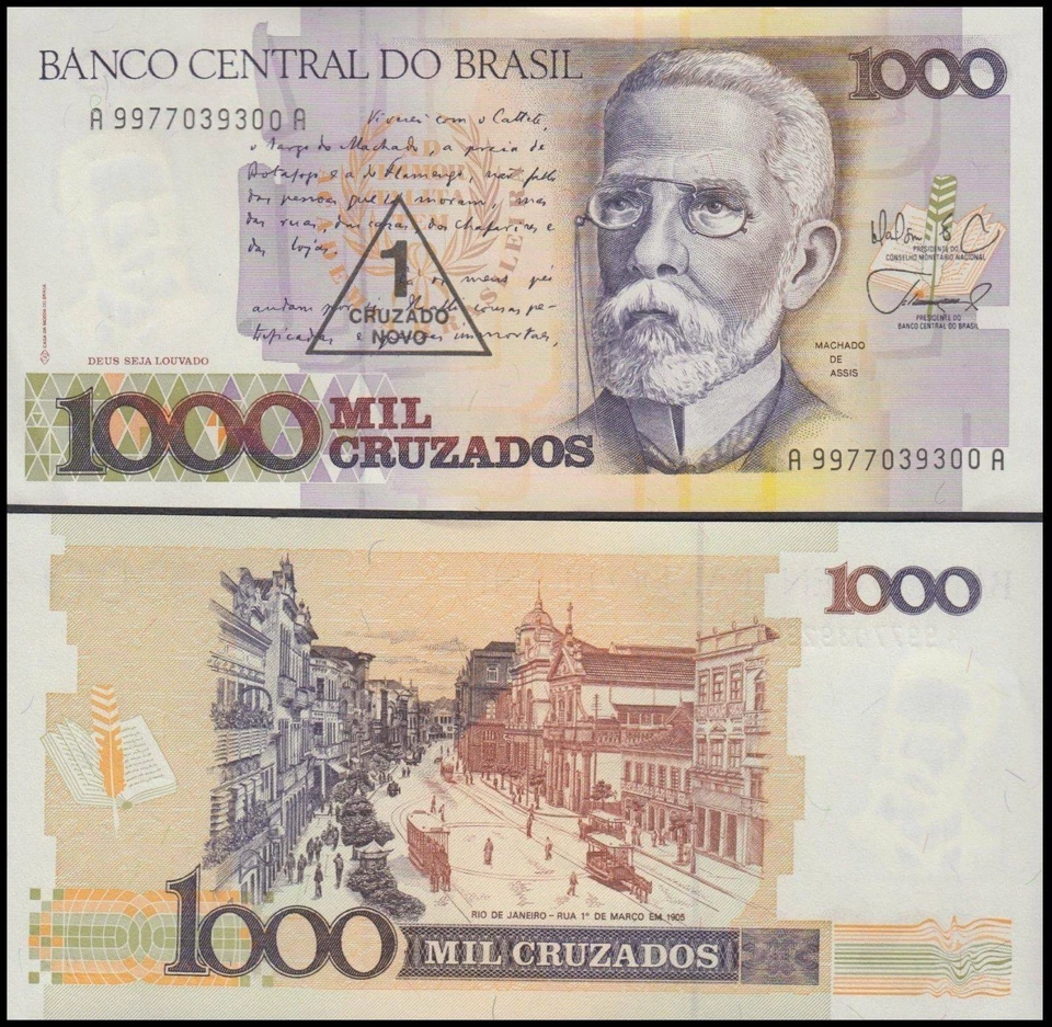 BRAZIL 1 CRUZADO NOVO ON 1000 CRUZADOS 1989 UNC OVERPRINTED,JOAQUIM MARIA MACHA - Image 1 of 1