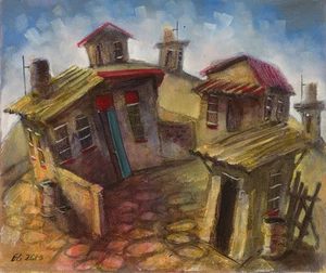 CUBAN ART #086 ** GONZALES ** HOUSES ON THE HILL 24 X 18" SIGNED ON CANVAS - Picture 1 of 3