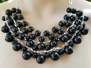 NEW BLACK NECKLACE ACRYLIC BEADED FX PEARL SILVER FINISH MULTI STRAND PENDANT - Picture 1 of 6
