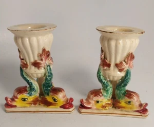 Antq Agostinelli Dal Pra Mayólica Figura 3D Pez Delfín Candelabro Par Italia - Imagen 1 de 21