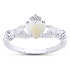 Irish Claddagh Friendship & Love Ring Opal & Sapphire Solid 925 Sterling Silver - Picture 1 of 9