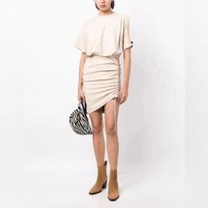 New Isabel Marant Etoile Balesi Coated Faux Leather Ruched Dress Chalk Beige 40 - Picture 1 of 16