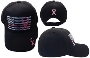 USA Pink Line Pink Breast Cancer Awareness Ribbon Black Embroidered Cap Hat - Picture 1 of 6