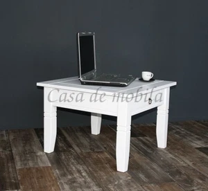Massivholz Couchtisch weiß 65x65cm mit schublade Eck Beistelltisch Sofa-tisch - Bild 1 von 9
