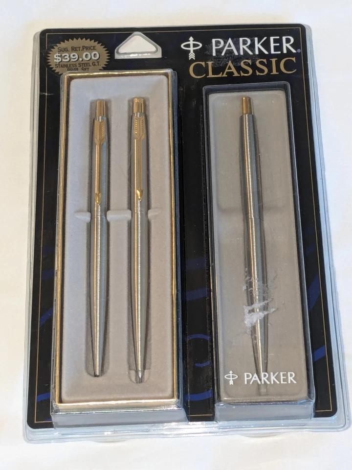 Parker Classic Stainless Steel Gold Trim Ballpoint Pen and Pencil Set