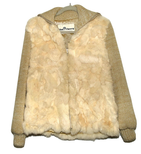 OFF WHITE Alan pelliccia di coniglio bianco ciliegia con maglia di lana beige giacca donna zip taglia S M