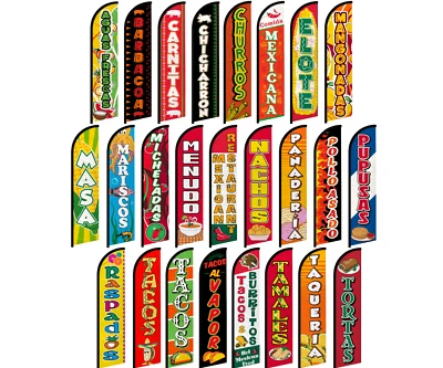 Mexican Food Windless Advertising Swooper Flag Tacos Menudo Tamales Chicharron - Image 1 of 2