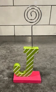 Note Memo Desk Picture Photo Clip Holder Wooden Stand "J" Initial Pink Green - Picture 1 of 5