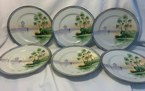 Vtg Set 6 Japan Hand Painted 7.25" Lusterware Rim Plates w Lake & House Scene - Bild 1 von 9