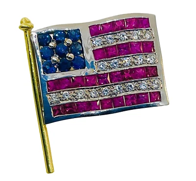 Prendedor de bandera estadounidense Craig Drake oro 18k diamante, rubí AAAA y zafiro *3,50 CTS+* Foto 1 de 4