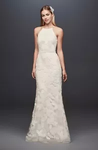 David's Bridal Sequin Leaf-Appliqued High Neck Sheath Gown Wedding Dress Size 2 - Picture 1 of 5