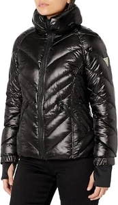 GUESS Shiny Womens Size XL BLACK Quilted Full Zip Pockets Puffer Jacket NEW - Picture 1 of 12