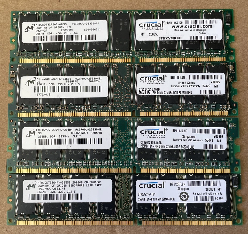 3x DDR333 MICRON / CRUCIAL 256MB NON-ECC + 1x DDR400 MICRON CRUCIL 256MB ECC - Image 1 of 1
