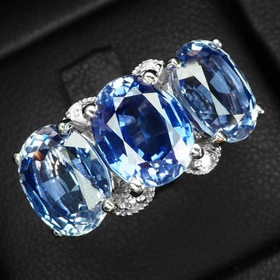 Anillos de tres piedras de plata de ley 925 aterciopelados de zafiro azul aciano de 12,15 quilates Foto 1 de 4