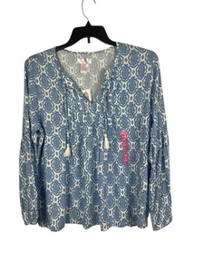 Stellla Parker Long Sleeve Tassled Tie Neck Blue White Print Peasant Top XXL NWT - Picture 1 of 13