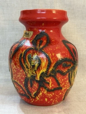 Vintage Vase Bay Pottery Red Yellow Black Floral Decor Fat Lava MCM West Germany - Image 1 of 4