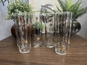 Set of 6 Vintage Mid-Century Modern Libbey Atomic Gold Starburst Collins Glasses - Picture 1 of 12