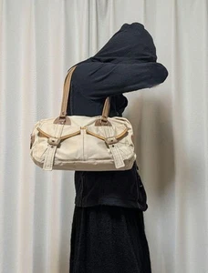MIU MIU Archive Hand bag Mini Boston Bag Cotton Leather Brown x Beige Vintage - Picture 1 of 24
