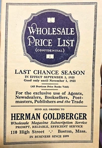 Herman Goldberger Wholesale Price List 1923 Boston Mass agents newsdealers trade - Picture 1 of 4