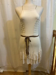 PIPER PROJECT OFF-WHITE KNIT SHORT DRESS W/ STRAPS~RUFFLES~BELT~100% RAYON, SZ S - Picture 1 of 13