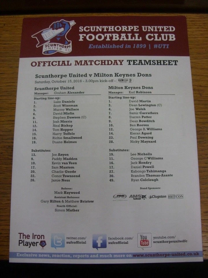 15/10/2016 Colour Teamsheet: Scunthorpe United v Milton Keynes Dons  . Condition - Image 1 of 1