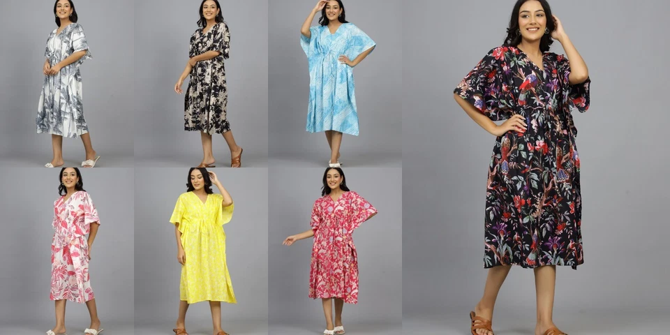 Indian Kurz Baumwolle Hippie Damen Nachtwäsche Kaftan Abendkleid Tenue De Plage - Bild 1 von 1