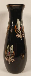 Hyalith Black Glass Hand Painted Vase 9.75" Bud Raised Dot Tulip Design A64 - Picture 1 of 5