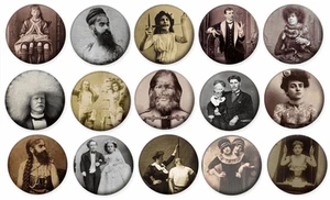 1" VINTAGE CIRCUS FREAKS HORROR Lot of 15 Pin Back 1" Buttons Badges (One Inch) - Picture 1 of 3