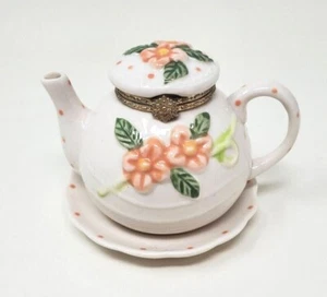 Vintage Trinket Teacup Saucer Peach Flowers Polka dots Lid with Gold Trim - Picture 1 of 7