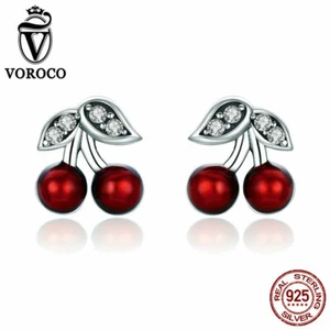 Voroco Real S925 Sterling Silver Stud Dangle Earrings With Red Cherry CZ Jewelry - Picture 1 of 12